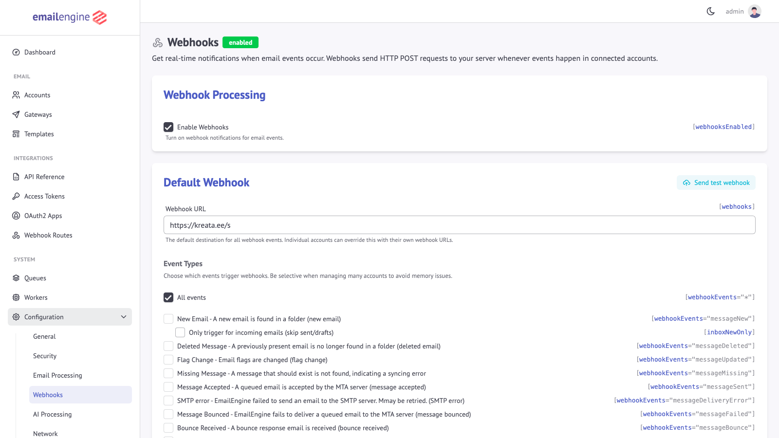 Webhooks configuration page