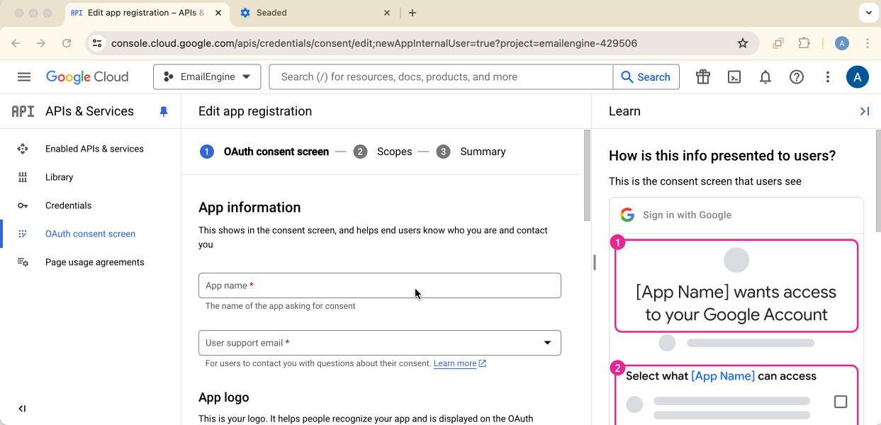 Configuring consent screen details