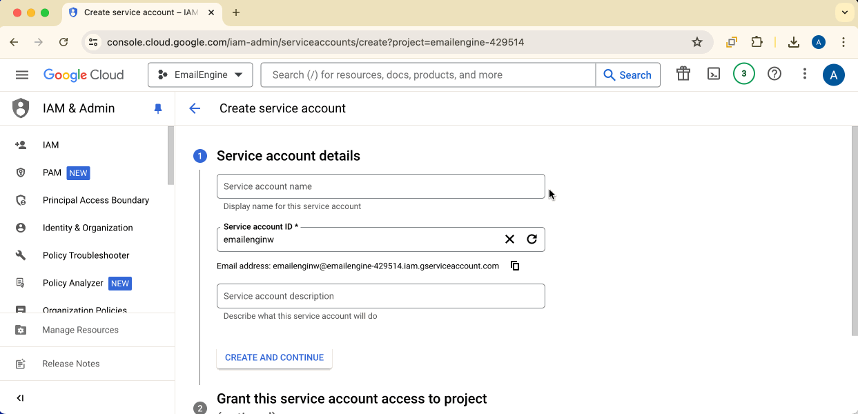 Creating service account