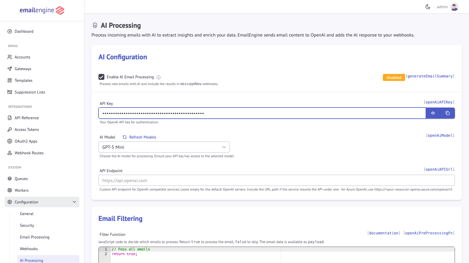AI Processing configuration page