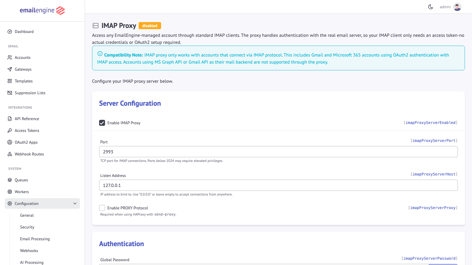 IMAP Proxy configuration page