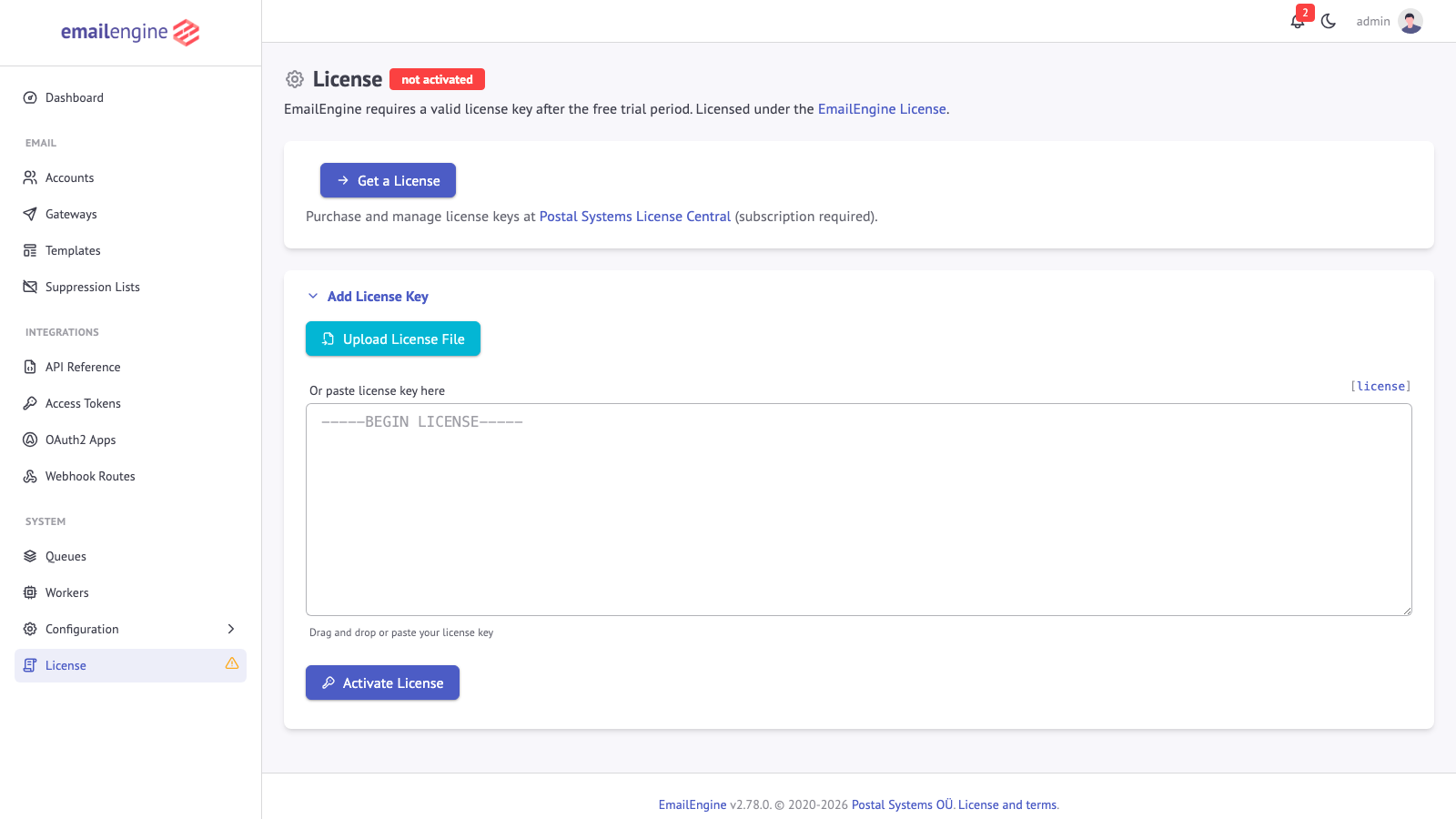 License configuration page