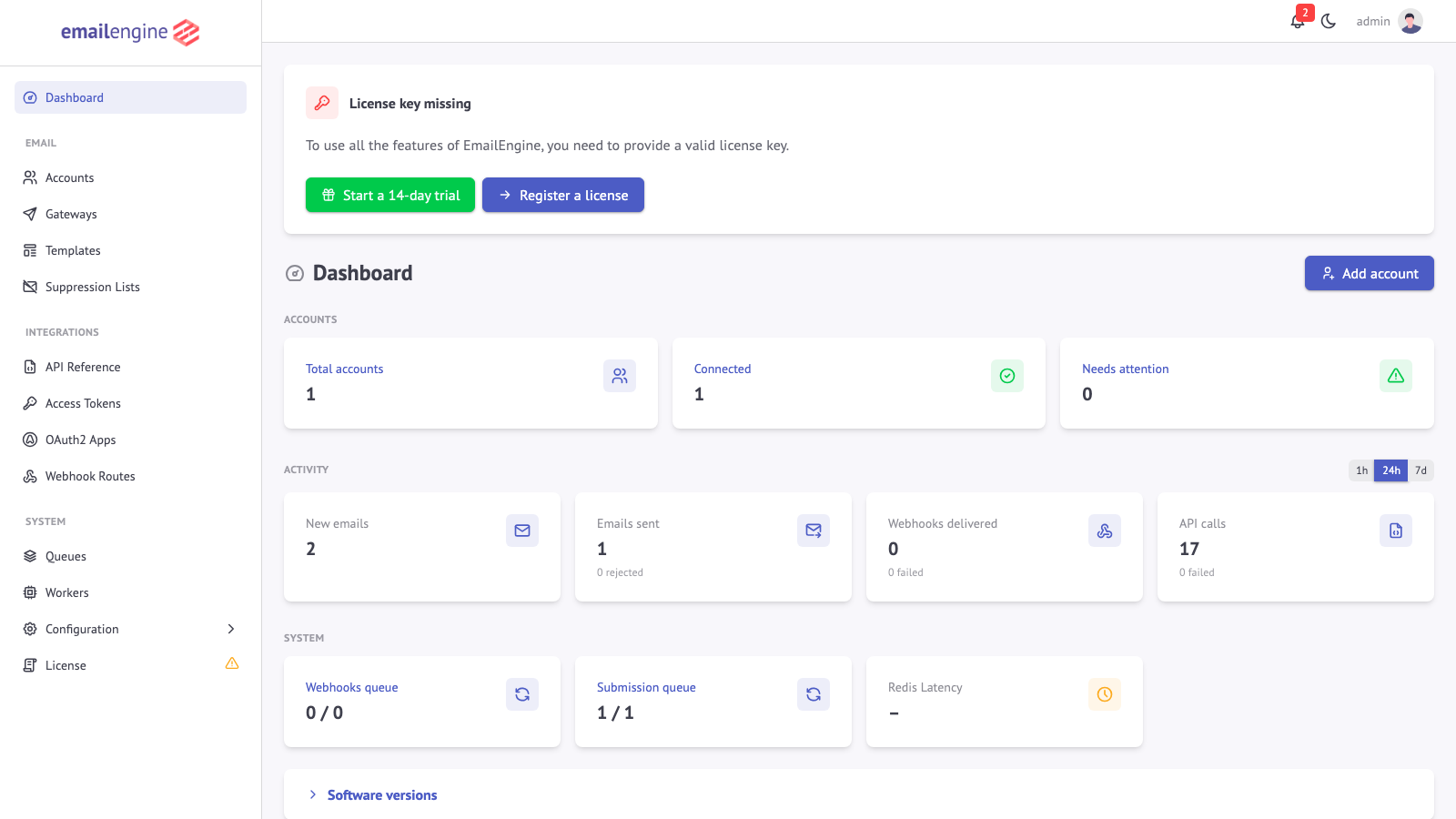 Unlicensed EmailEngine dashboard with the trial button