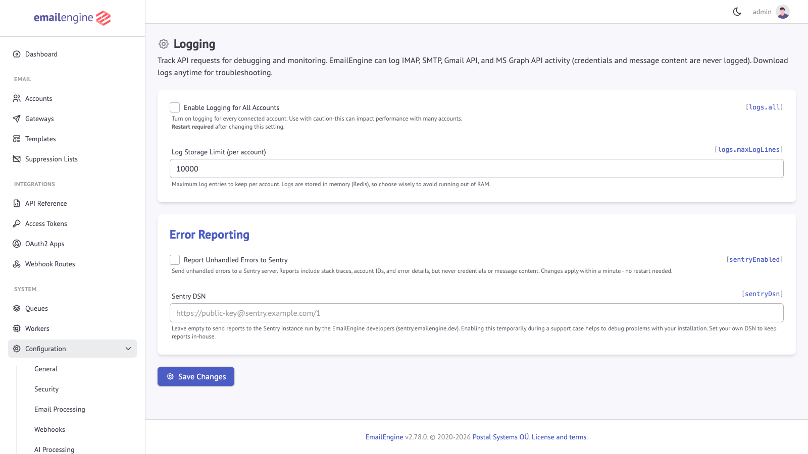 Logging configuration page