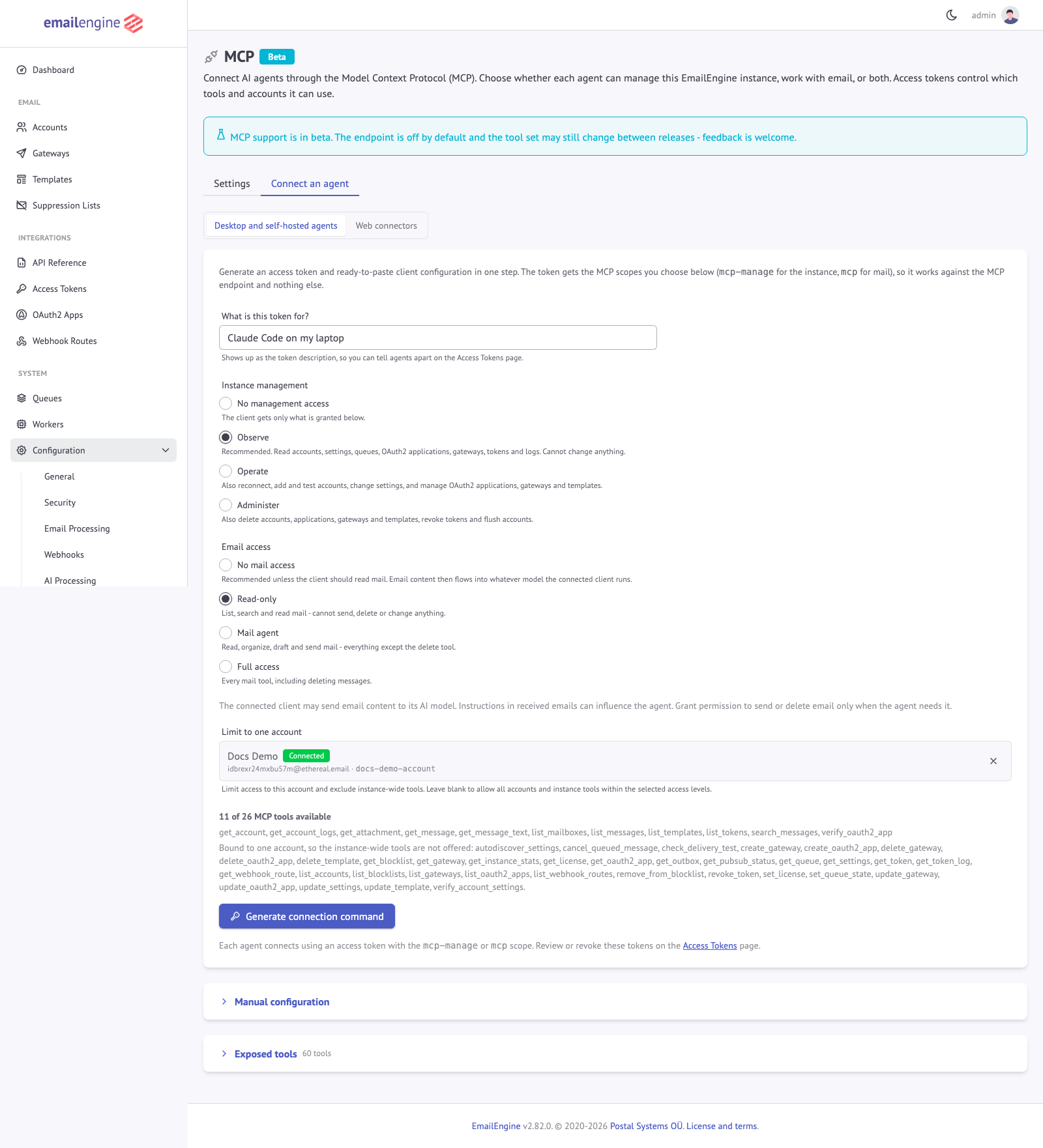 Connect an agent, token method
