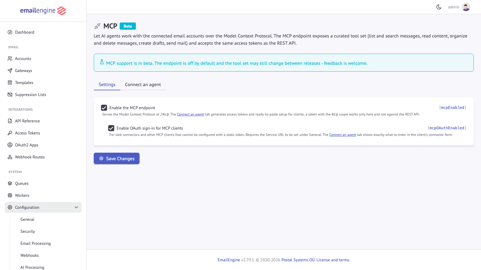 MCP configuration page