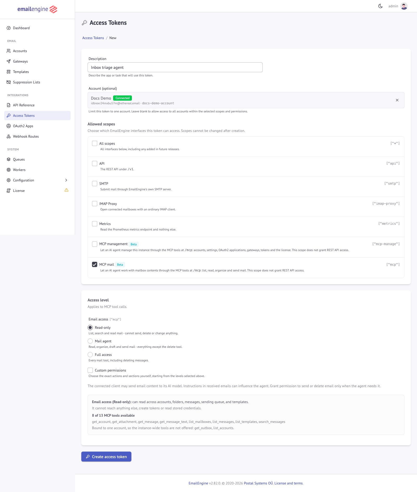 Access levels on the token form