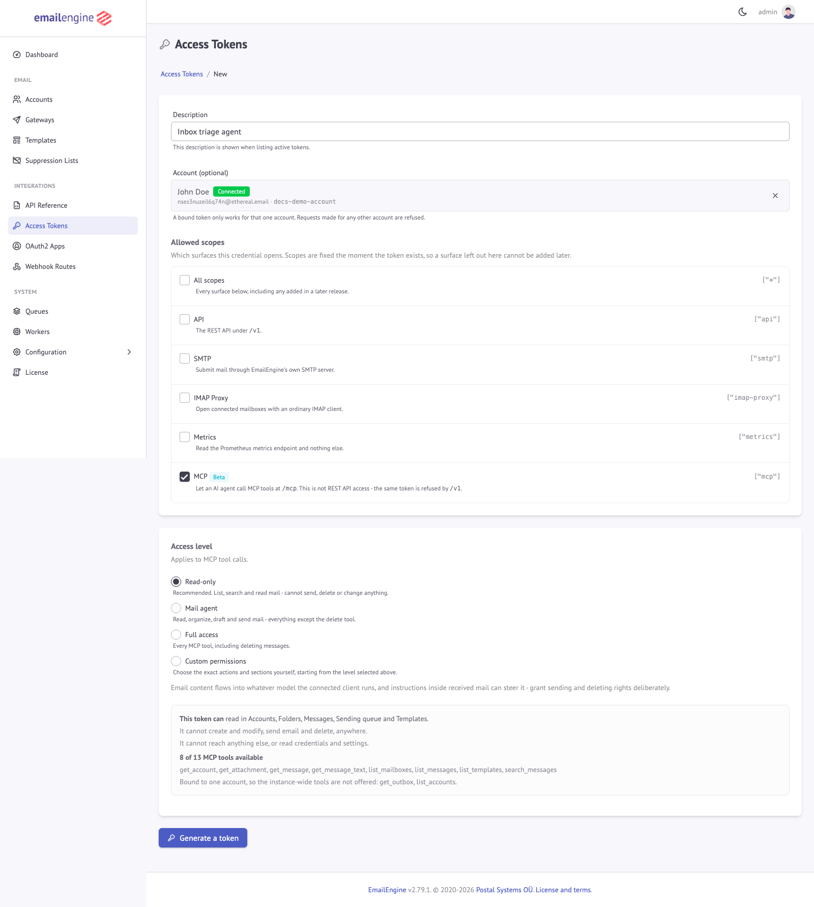 Access levels on the token form