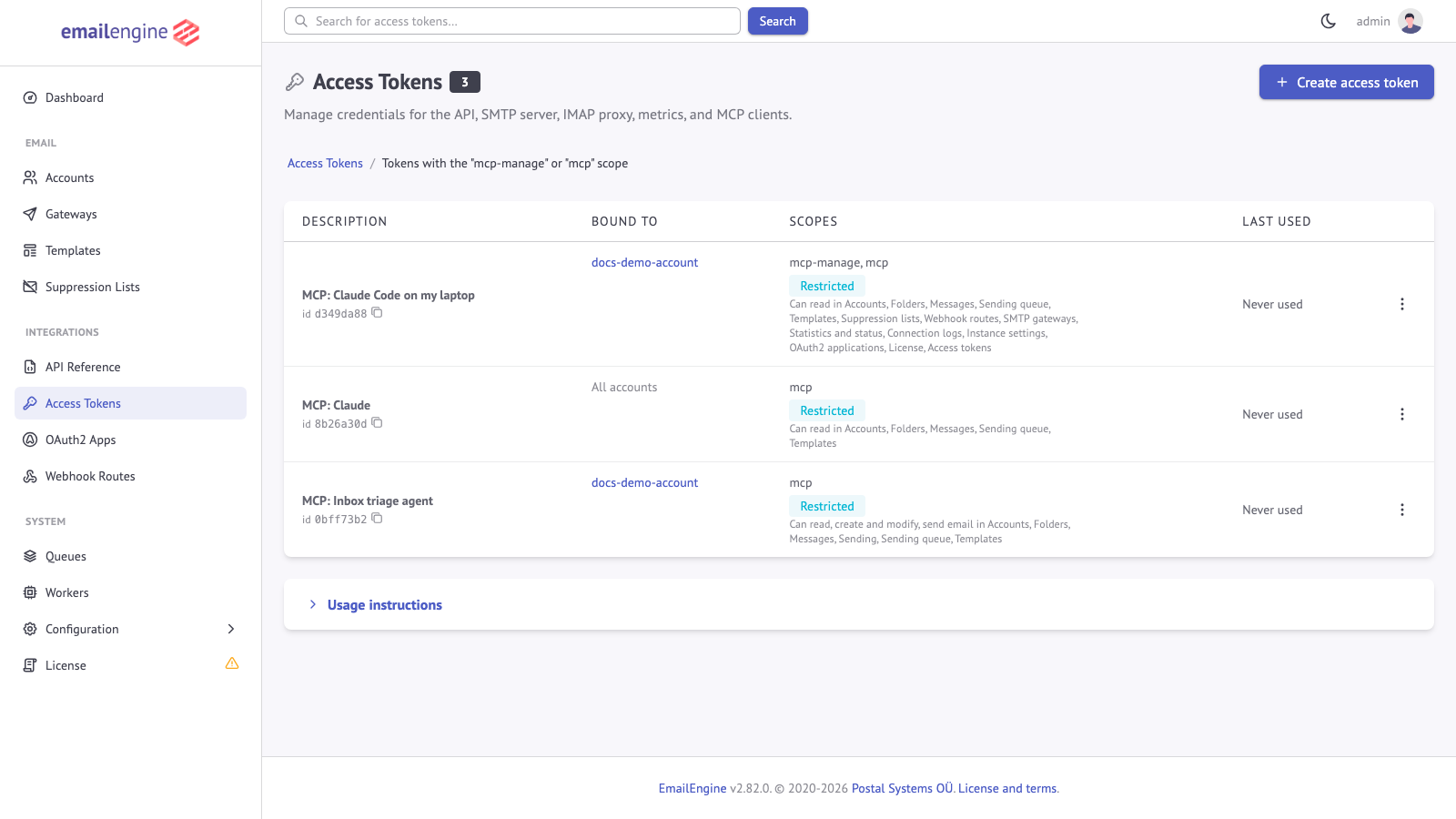 MCP tokens on the Access Tokens page