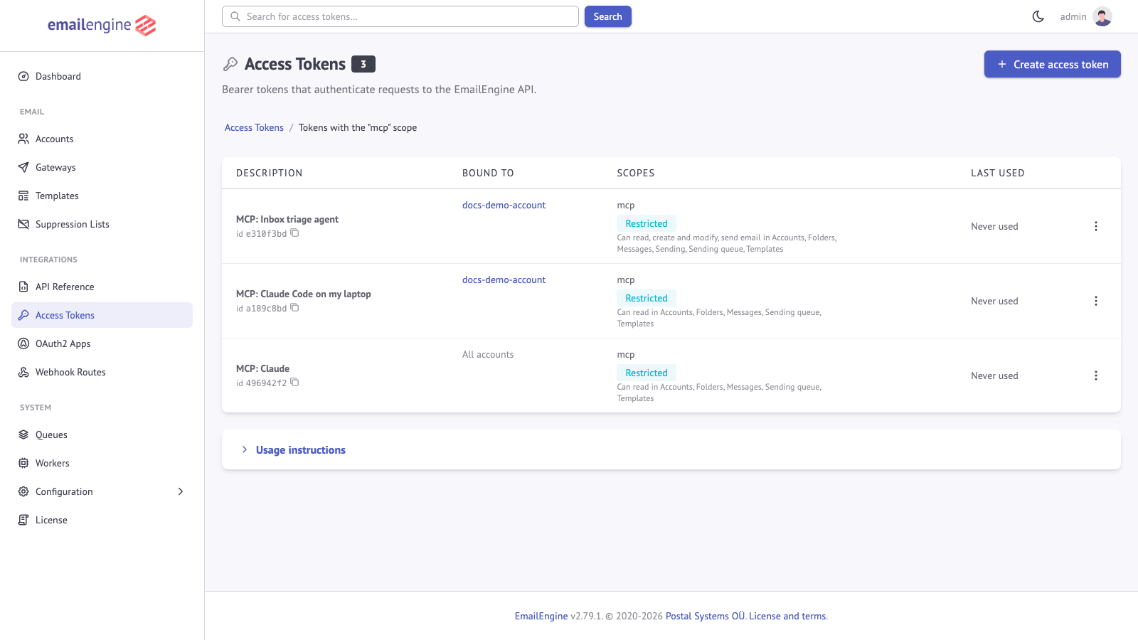 MCP tokens on the Access Tokens page