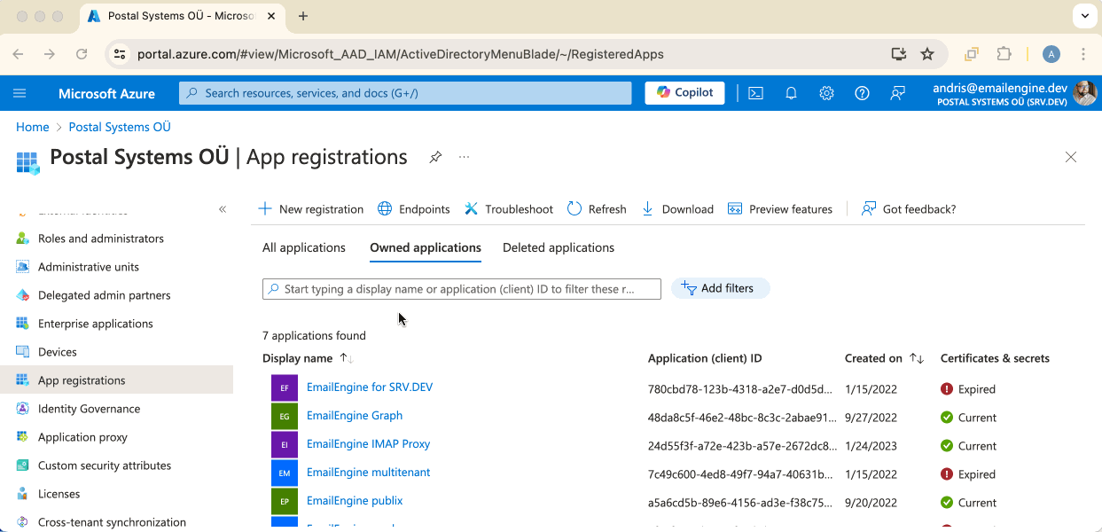 Click New registration button