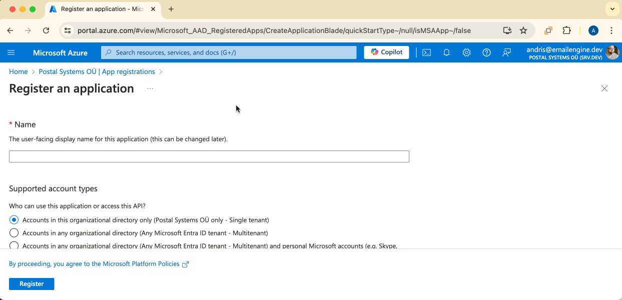 Application registration form