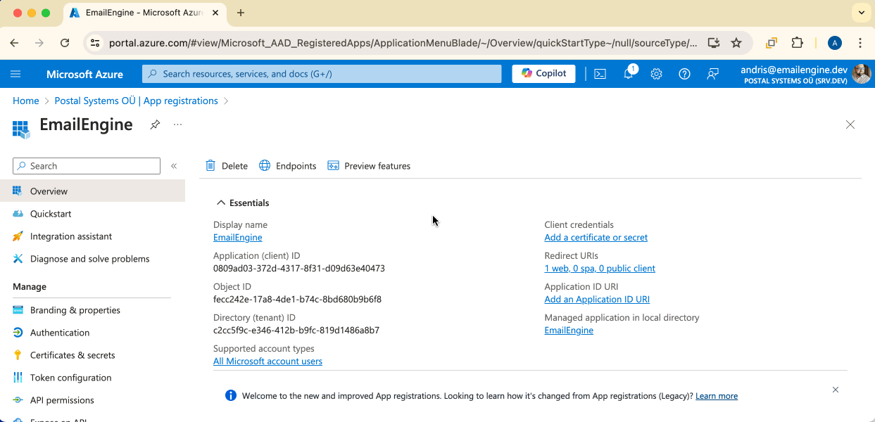 API permissions page