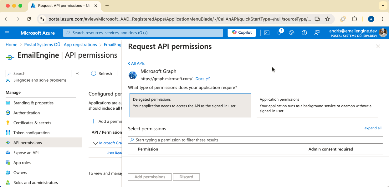 Searching for and selecting IMAP permissions