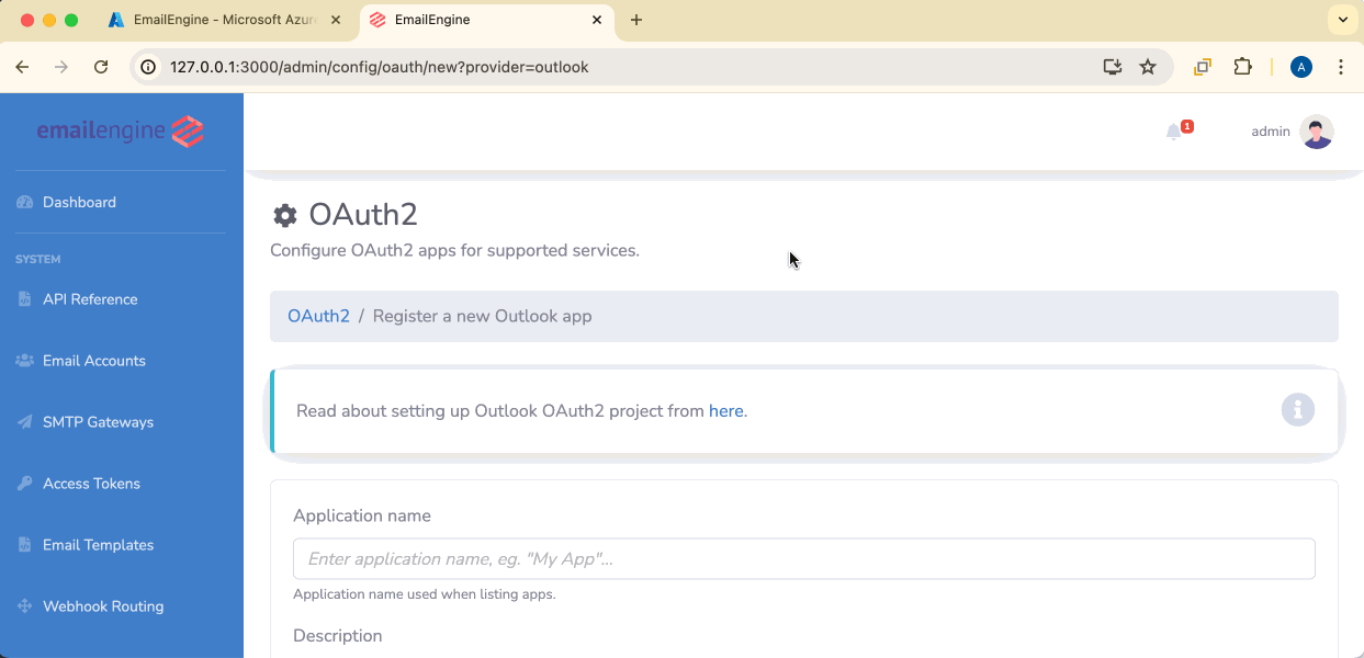 Outlook OAuth2 configuration form