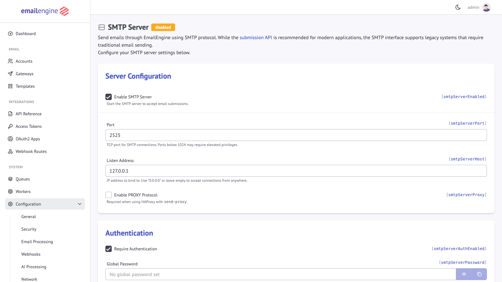 SMTP Server configuration page