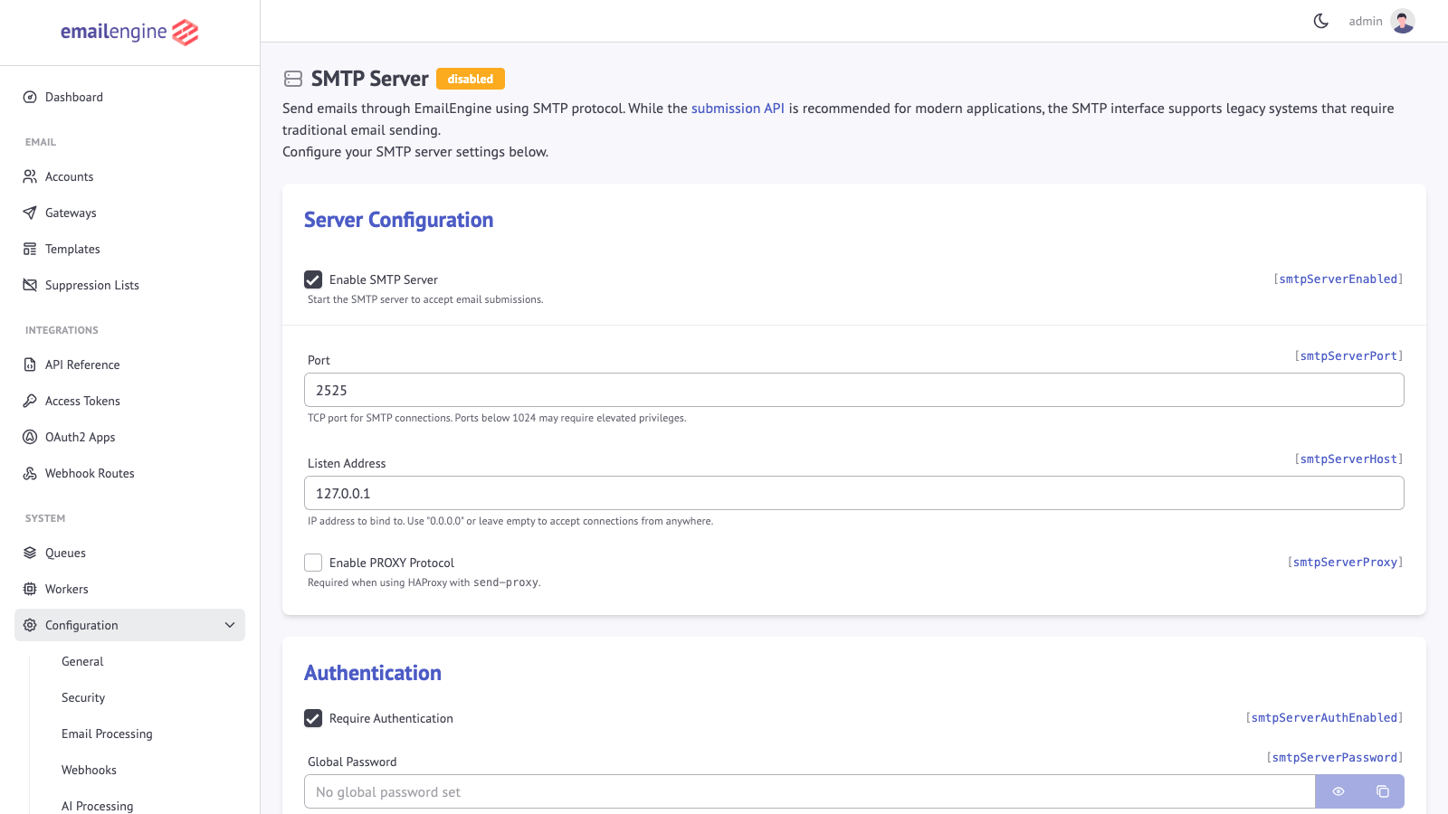 SMTP Server configuration page