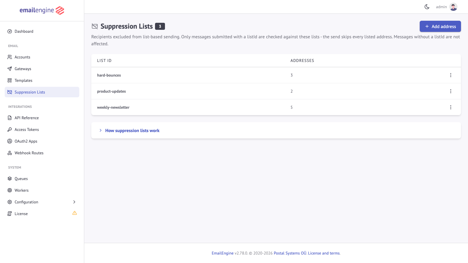 Suppression Lists page listing each list with its address count