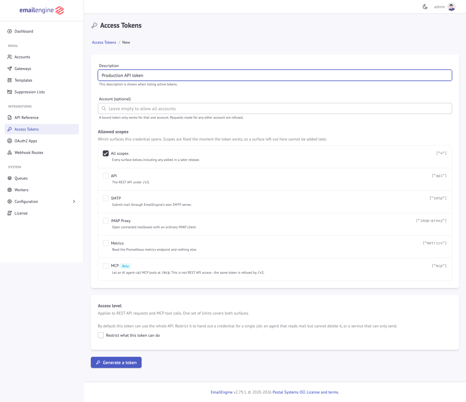 Create token form
