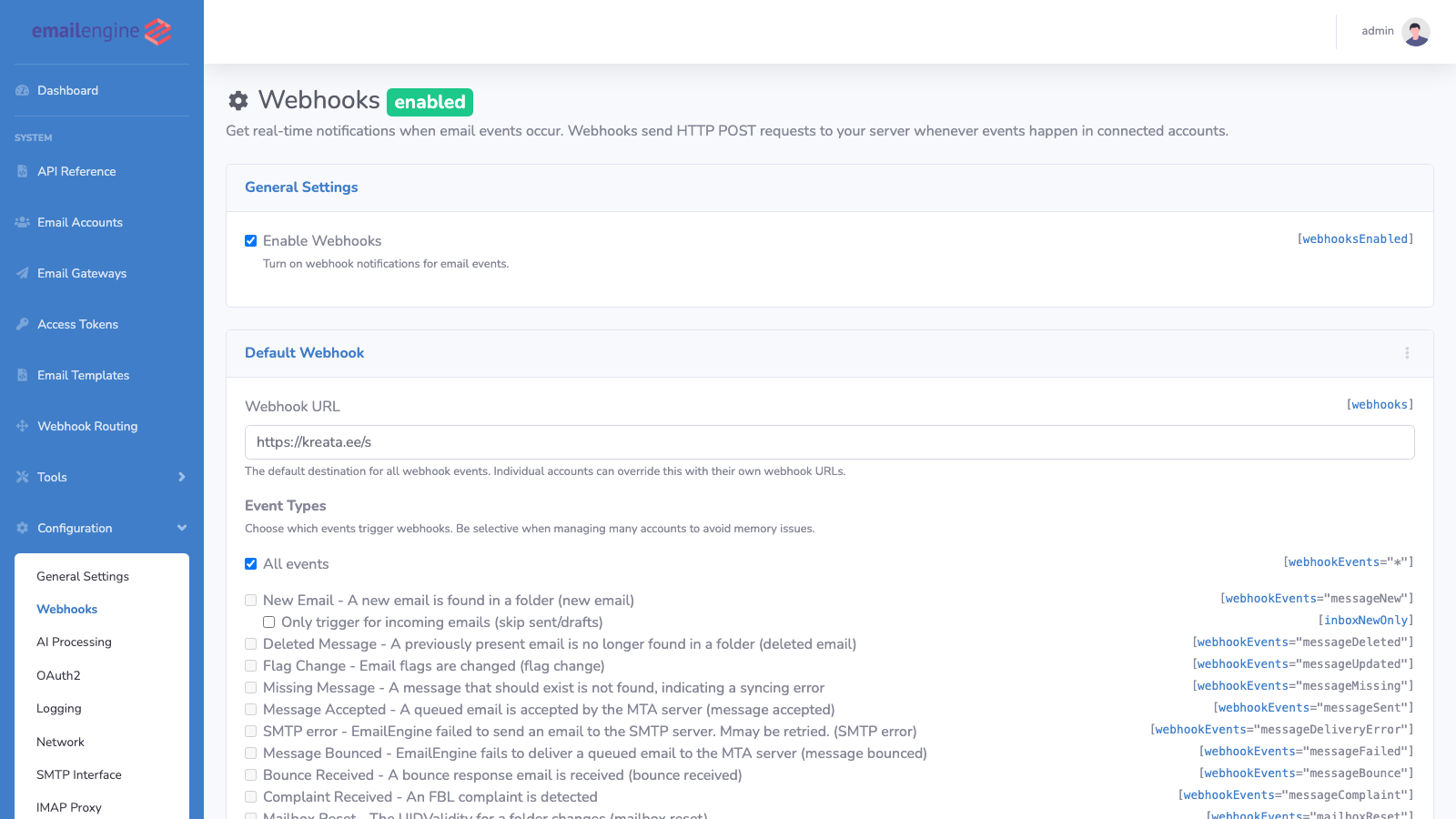 Webhook Configuration Page